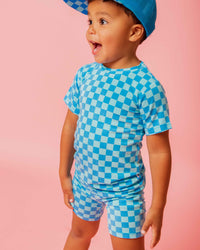 Baby Kids Bamboo Pajamas — Cool Checks Short Sleeve Two-Piece Pajama Shorts Set — Image 1