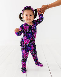 Baby Kids Bamboo Pajamas — Midnight Bloom Ruffle Footie — Image 1