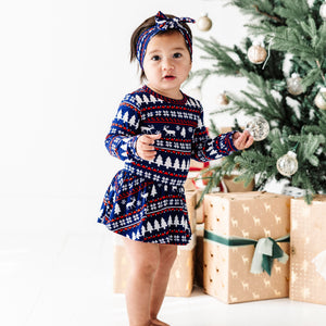 Baby Kids Bamboo Pajamas — Deer Santa Ruffle Dress — Image 1