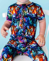 Baby Kids Bamboo Pajamas — Easy Tiger Short Sleeve Romper — Image 1