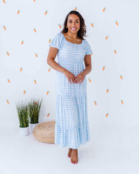 Baby Kids Bamboo Pajamas — Cottontail Gingham Women's Short Sleeve Midi Dress — Image 1