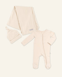 Baby Kids Bamboo Pajamas — Cream Puff Footie + Swaddle & Beanie Set Bundle — Image 1