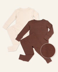 Baby Kids Bamboo Pajamas — Cream Puff + Mocha Me Happy Ribbed Long Sleeve Pajama Sets Bundle — Image 1