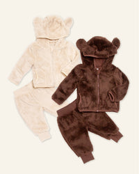 Baby Kids Bamboo Pajamas — Cream Puff + Mocha Me Happy Zip-Up Jogger Set With Ears Bundle — Image 1