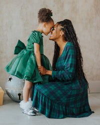 Baby Kids Bamboo Pajamas — Plaid Tidings Women's Smocked Balloon Sleeve Dress — Image 1