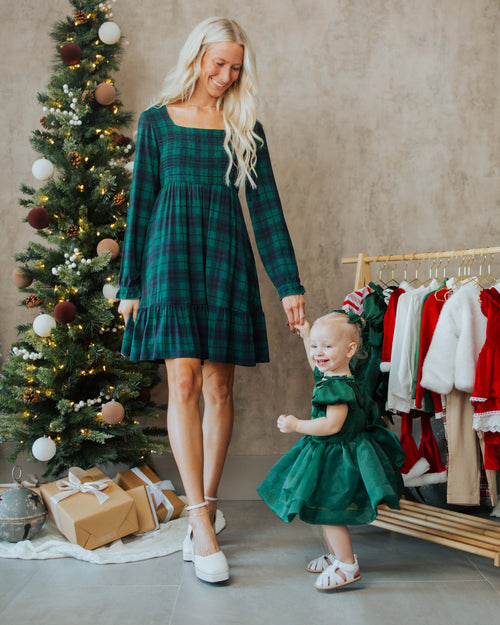 Baby Kids Bamboo Pajamas — Plaid Tidings Women's Smocked Balloon Sleeve Dress — Image 2
