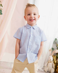Baby Kids Bamboo Pajamas — Blue Striped Boys Short Sleeve Button Down Shirt — Image 1