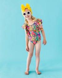Baby Kids Bamboo Pajamas — Extra-roar-dinary Ruffle Sleeve Girls One Piece Swimsuit — Image 1