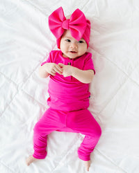 Baby Kids Bamboo Pajamas — Flamingo Pink Short Sleeve Two-Piece Button Set — Image 1