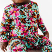 Baby Kids Bamboo Pajamas — Floral Flutter Ruffle Footie — Image 1