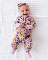 Baby Kids Bamboo Pajamas — Gobble 'til You Wobble Convertible Ruffle Romper - Pink — Image 1