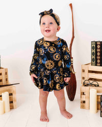 Baby Kids Bamboo Pajamas — Harry Potter™ Hogwarts Night Sky Ruffle Dress — Image 1