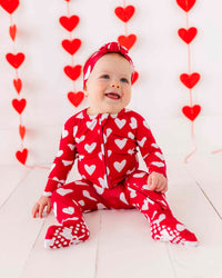 Baby Kids Bamboo Pajamas — Heart Beet Convertible Romper — Image 1