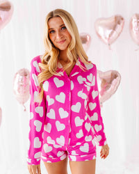 Baby Kids Bamboo Pajamas — Heart It All Before Women's Collar Shirt & Shorts Set — Image 1