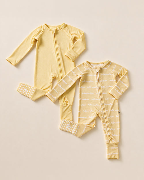 Baby Kids Bamboo Pajamas — Hello Sunshine + Ray of Cute Convertible Rompers Bundle — Image 1