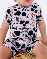 Baby Kids Bamboo Pajamas — In a Good Moo-D Shortie Romper — Image 1