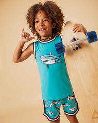 Baby Kids Bamboo Pajamas — Shark Week™ Jaws & Effect Jersey Top with Shorts — Image 1