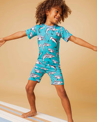 Baby Kids Bamboo Pajamas — Shark Week™ Jaws & Effect Short Sleeve Pajama Shorts Set — Image 1