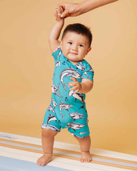 Baby Kids Bamboo Pajamas — Shark Week™ Jaws & Effect Shortie Romper — Image 1