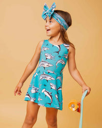 Baby Kids Bamboo Pajamas — Shark Week™ Jaws & Effect Sleeveless Twistback Dress — Image 1