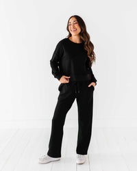 Baby Kids Bamboo Pajamas — Women's Cropped Sweatshirt & Wide Leg Jogger Pants Set - Black — Image 1