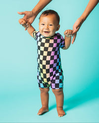 Baby Kids Bamboo Pajamas — Checkered Charm Shortie Romper — Image 1