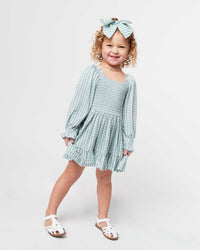 Baby Kids Bamboo Pajamas — Lucky Gingham Smocked Balloon Sleeve Dress — Image 1
