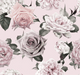 Seamless vintage floral pattern of pink and gray roses and foliage on a pale pink background.