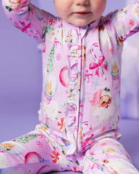 Baby Kids Bamboo Pajamas — Merry Little Pinkmas Convertible Ruffle Romper — Image 1