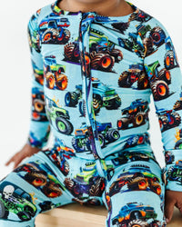 Baby Kids Bamboo Pajamas — Trucks Are My Jam Convertible Romper — Image 1