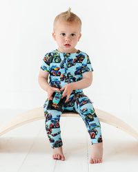 Baby Kids Bamboo Pajamas — Trucks Are My Jam Short Sleeve Romper — Image 1