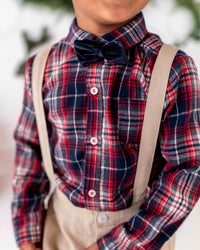 Baby Kids Bamboo Pajamas — Bamboo Linen Button Down Shirt - Navy & Red Plaid — Image 1