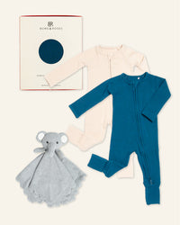 Baby Kids Bamboo Pajamas — Navy or Not + Knitted Elephant Lovey Essential Bundle — Image 1