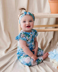 Baby Kids Bamboo Pajamas — Once in a Blue Bloom Cap Sleeve Romper — Image 1