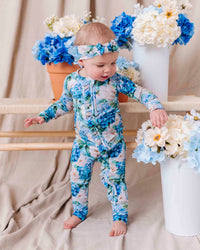 Baby Kids Bamboo Pajamas — Once in a Blue Bloom Convertible Ruffle Romper — Image 1