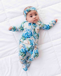 Baby Kids Bamboo Pajamas — Once in a Blue Bloom Ruffle Footie — Image 1