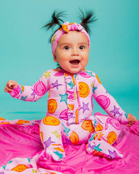 Baby Kids Bamboo Pajamas — Peachy Power Convertible Ruffle Romper — Image 1