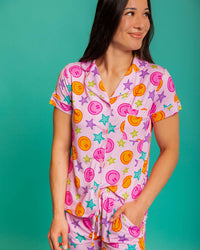 Baby Kids Bamboo Pajamas — Peachy Power Women's Collar Shirt & Shorts Set — Image 1