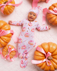 Baby Kids Bamboo Pajamas — Pink of the Patch Knotted Gown & Beanie Set — Image 1