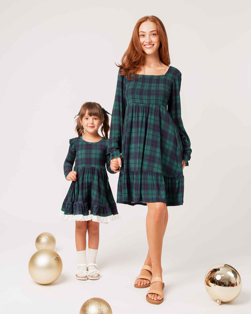 Baby Kids Bamboo Pajamas — Plaid Tidings Women's Smocked Balloon Sleeve Dress — Image 13