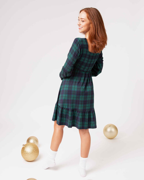 Baby Kids Bamboo Pajamas — Plaid Tidings Women's Smocked Balloon Sleeve Dress — Image 6