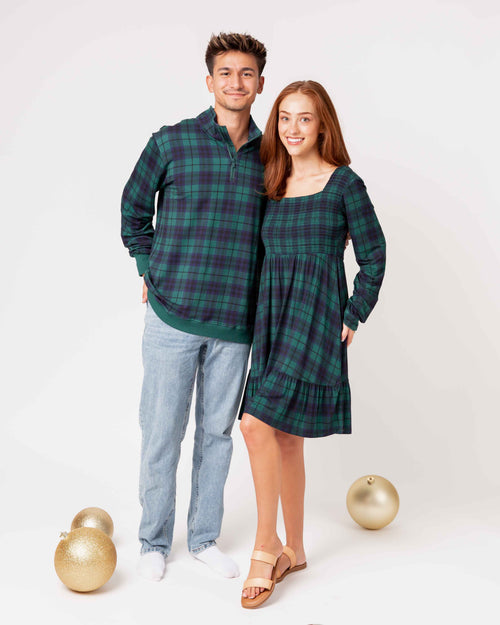 Baby Kids Bamboo Pajamas — Plaid Tidings Women's Smocked Balloon Sleeve Dress — Image 10