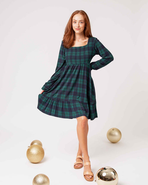 Baby Kids Bamboo Pajamas — Plaid Tidings Women's Smocked Balloon Sleeve Dress — Image 9
