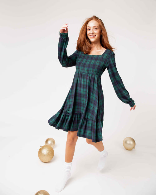 Baby Kids Bamboo Pajamas — Plaid Tidings Women's Smocked Balloon Sleeve Dress — Image 11