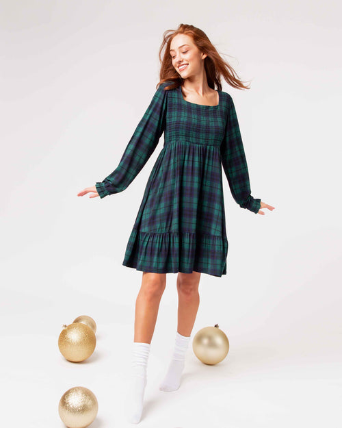 Baby Kids Bamboo Pajamas — Plaid Tidings Women's Smocked Balloon Sleeve Dress — Image 3