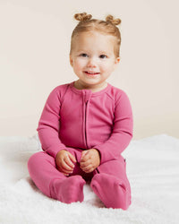 Baby Kids Bamboo Pajamas — Plum Pickin’ Ribbed Convertible Romper — Image 1
