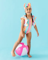 Baby Kids Bamboo Pajamas — Rainbow Reef Ruffle Sleeve Girls One Piece Swimsuit — Image 1