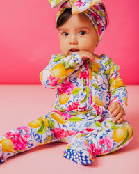 Baby Kids Bamboo Pajamas — Carpe Lemon Ruffle Footie — Image 1