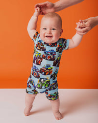 Baby Kids Bamboo Pajamas — Trucks Are My Jam Shortie Romper — Image 1