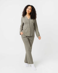 Baby Kids Bamboo Pajamas — Olive The Above Women's Long Sleeve Collar Shirt & Pants Pajama Set — Image 1